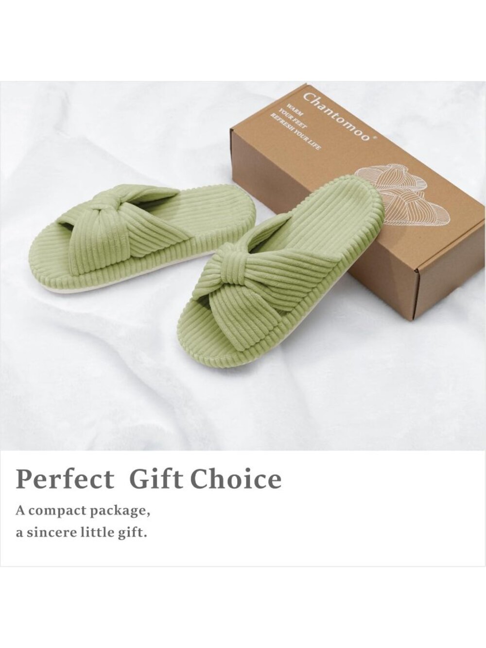 Women's Green Memory Foam House Corduroy Bow Crossbands Comfy Soft Slipper Shoes - Picture 5 of 6